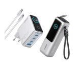 Anker Powerbank (25K, 165W, Built-in + Retractable Cable) + Anker Charger (140W, 4-Port, PD 3.1) with USB-C Cable