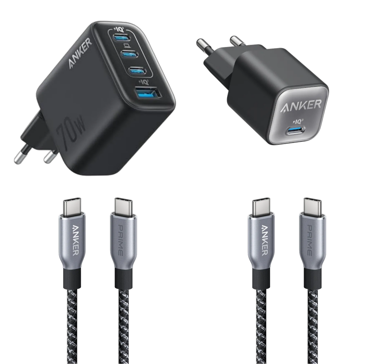 Anker Zolo 70W 4-Port Charger + Anker 511 Nano 3 30W Charger + Anker Prime USB-C to USB-C Cable 2-Pack (0.9m, 240W, Upcycled Braided Design)