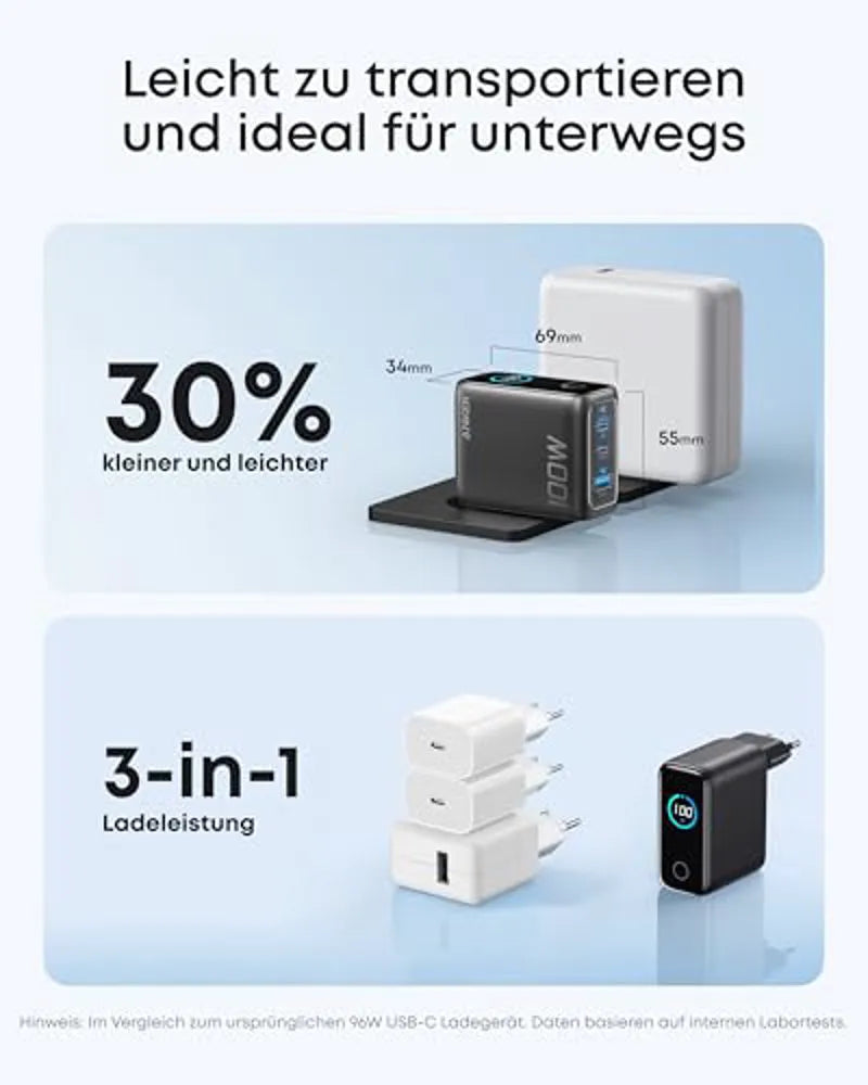 Anker Prime Wireless Charging Station (3-in-1 Stand) + Anker Charger (100W, 3 Ports, Smart Display) with USB-C Cable