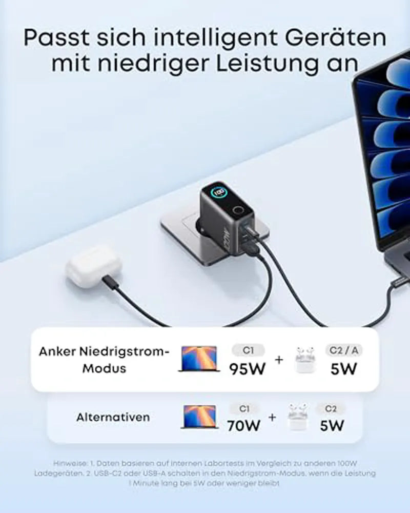 Anker Prime Wireless Charging Station (3-in-1 Stand) + Anker Charger (100W, 3 Ports, Smart Display) with USB-C Cable