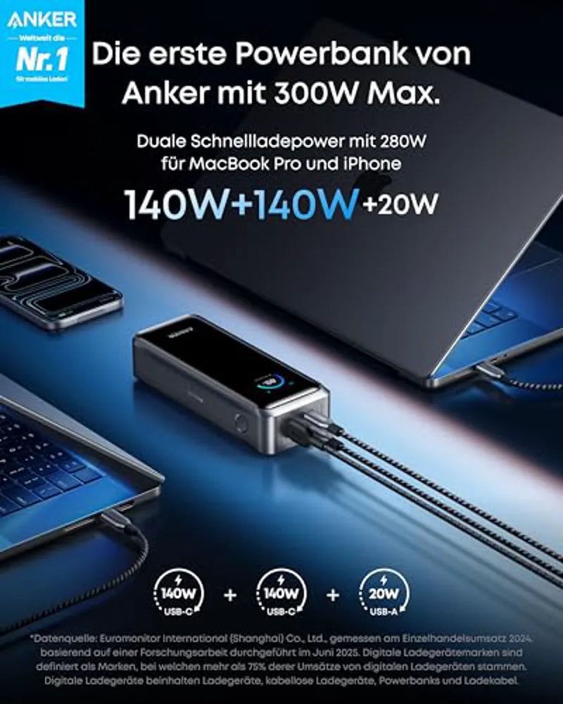 Anker Prime Powerbank 26K 300W Bundle mit USB-C Kabel 240W und 100W Ladestation