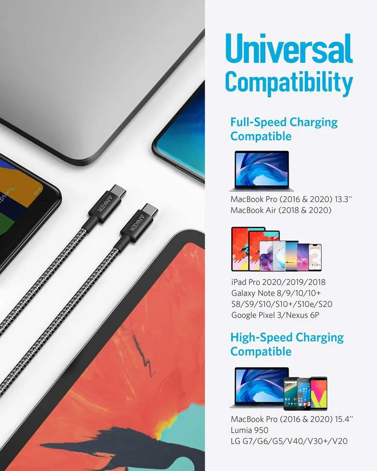 USB-C to USB-C Cable 6ft Braided 60W 2-Pack Black