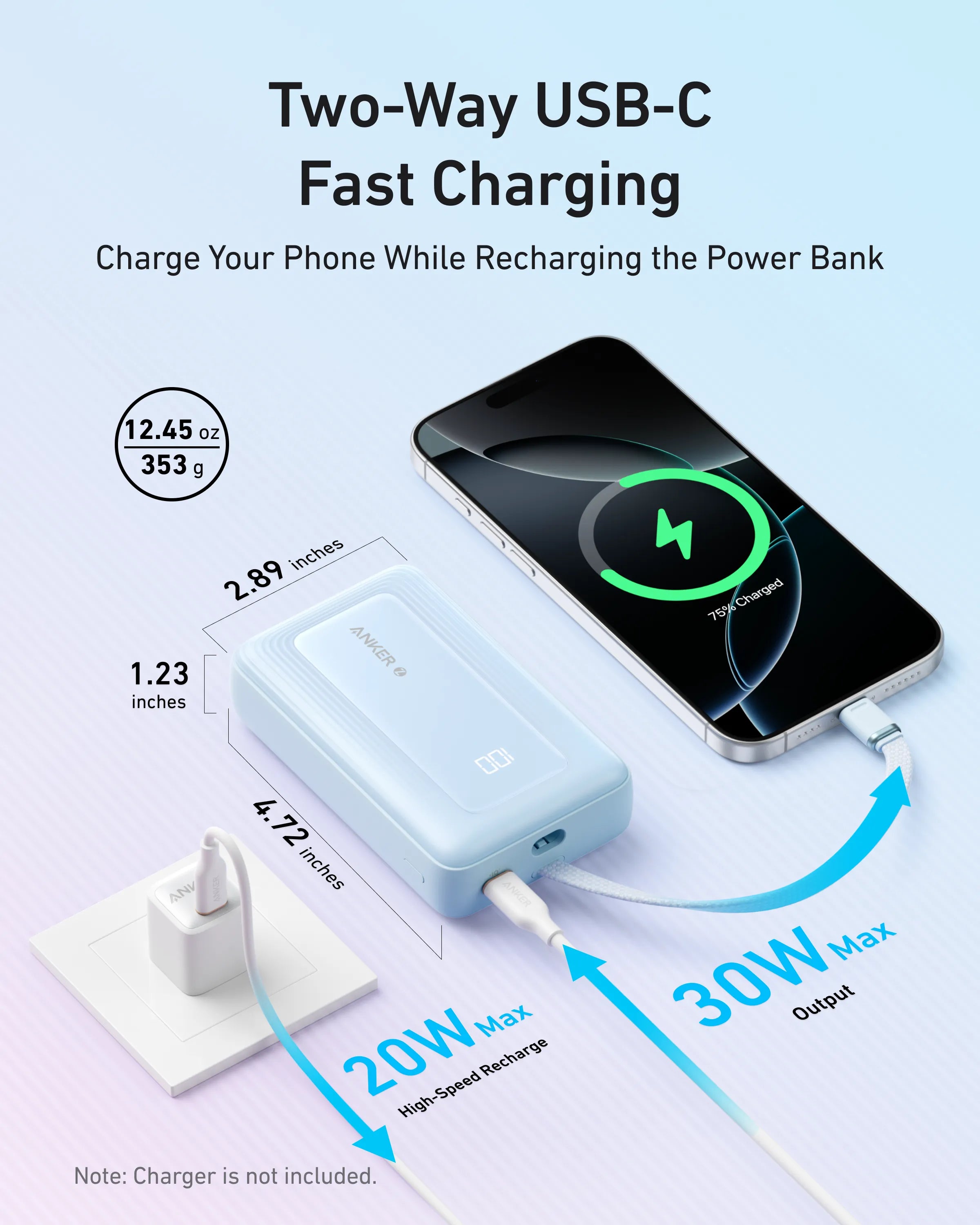 Anker Zolo 20K Power Bank with 30W Fast Charging and Built-In USB-C Cable