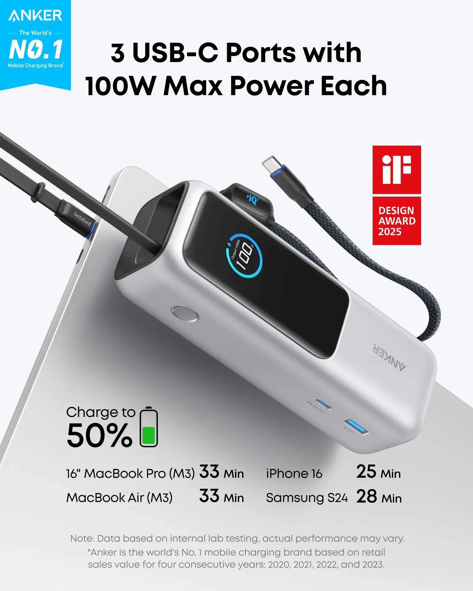 Anker Laptop Power Bank, 25,000 mAh External Battery with 3 USB-C Ports, 100W for Multi-Device Charging