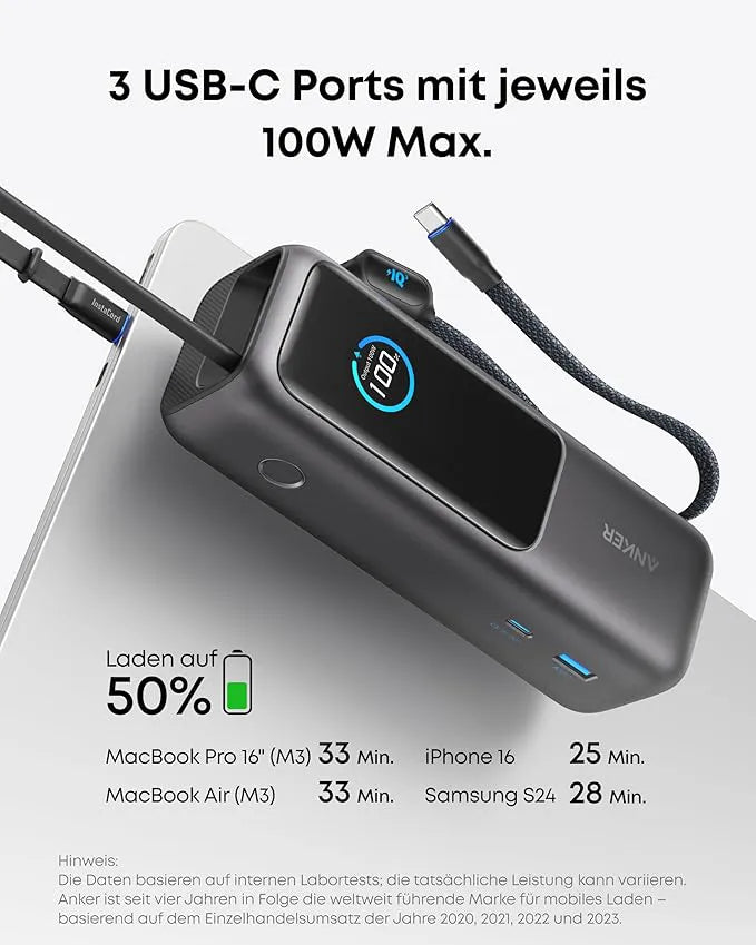 Anker Powerbank (25K, 165W, Built-in + Retractable Cable) + Anker Charger (140W, 4-Port, PD 3.1) with USB-C Cable