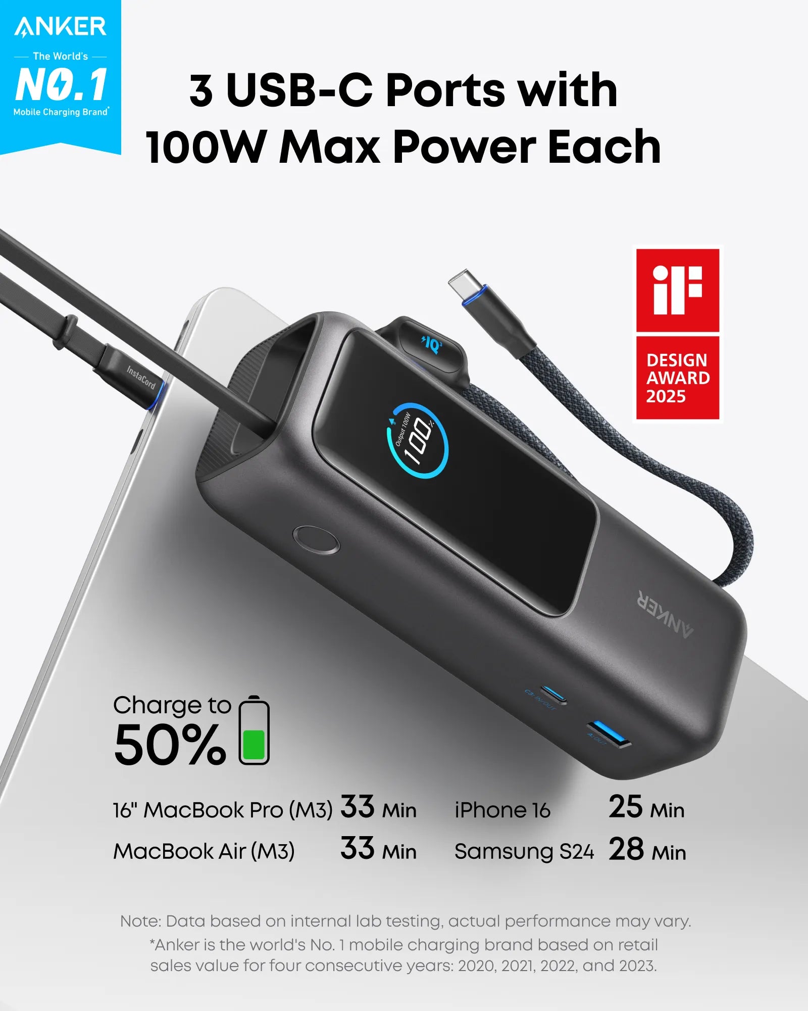 Anker PowerBank for Laptop (25,000 mAh, 165W, Built-in Retractable Cables) + Anker USB-C to USB-C Cable (240W, Recycled Braided)