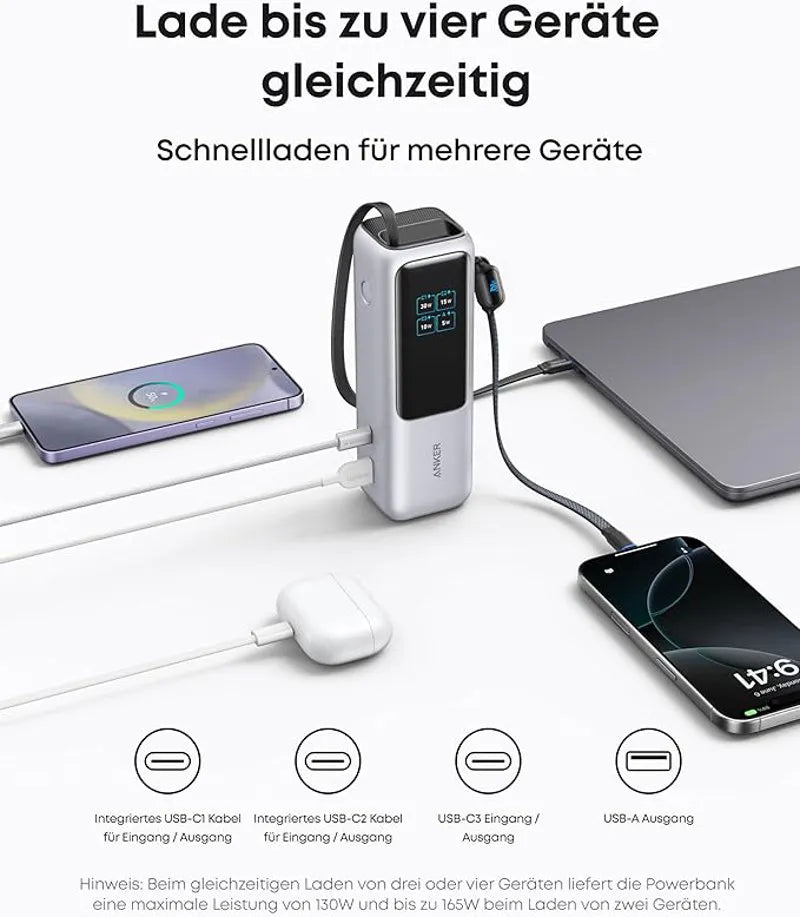 Anker Powerbank (25K, 165W, Built-in + Retractable Cable) + Anker Charger (140W, 4-Port, PD 3.1) with USB-C Cable
