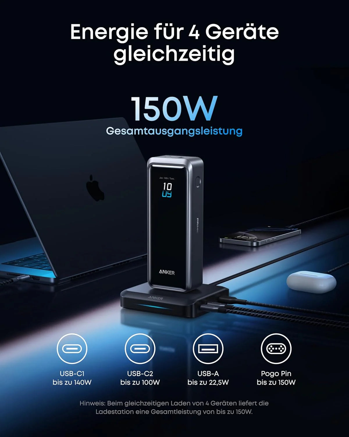 Anker Prime Power Bank (20K, 220W) with Charging Base (150W, 3 Ports)