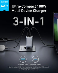 Anker Prime Charger (100W, 3 Ports, GaN) and Anker USB-C to USB-C Cable (240W, Recycled Braided)