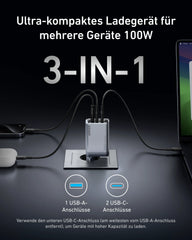 Anker Prime 100W GaN Charger (3 Ports) + Anker Prime 240W USB-C to USB-C Cable (Upcycled Braided Design)