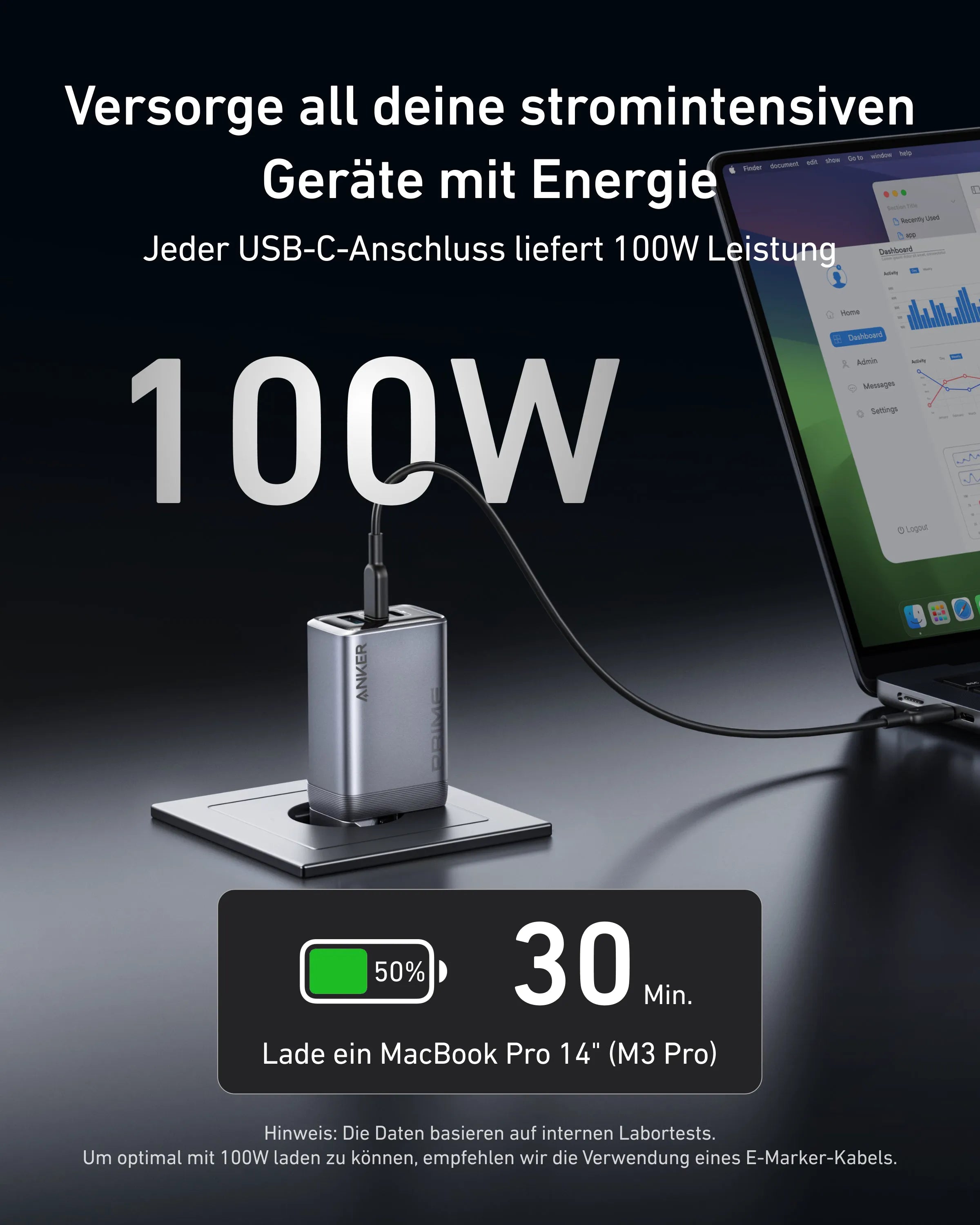 Anker Prime Charger (100W, 3 Ports, GaN) + Anker Prime USB-C to USB-C Cable (1.8m, 240W, Upcycled Braided Design)
