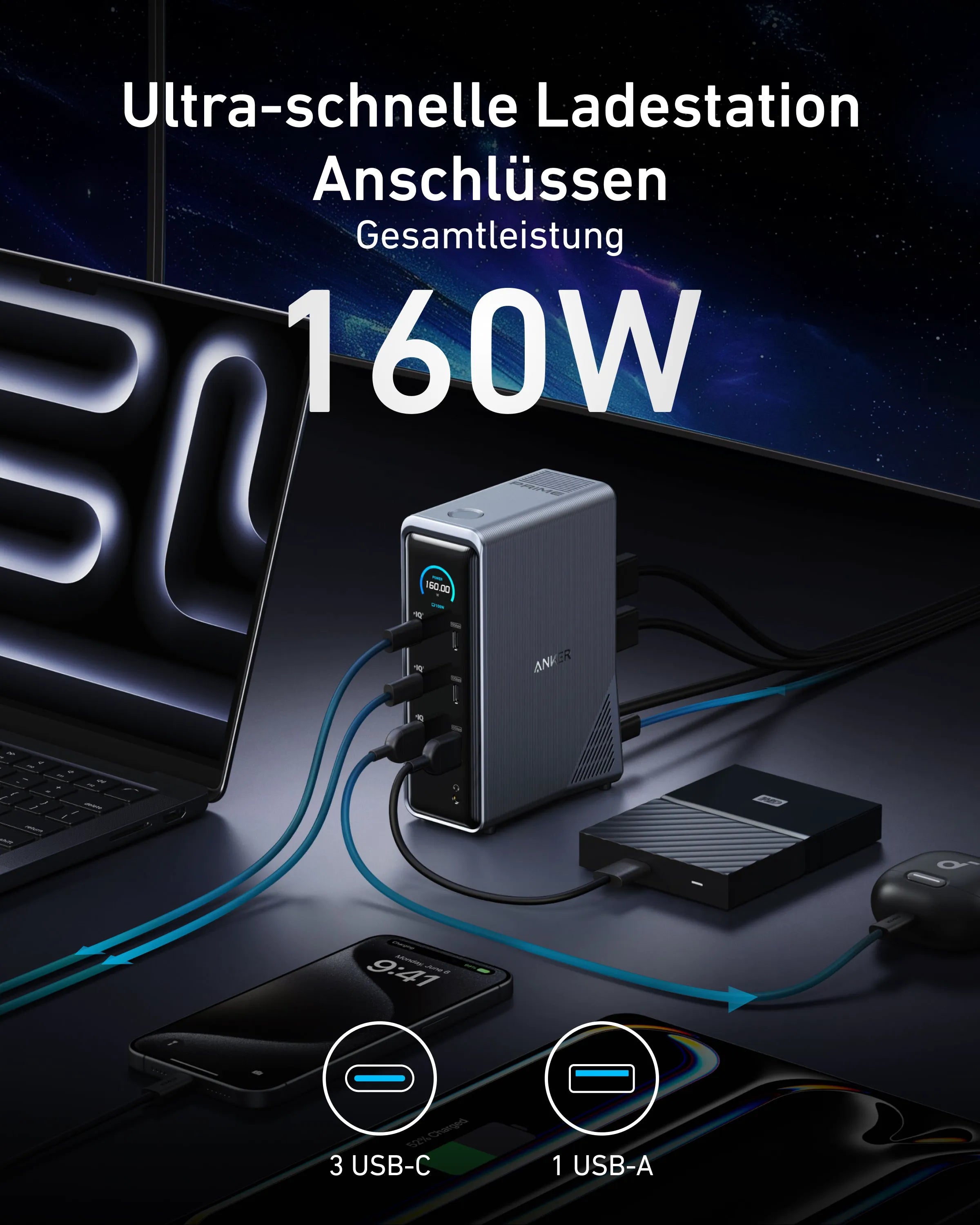 Anker Prime Charging Station (14-in-1, Dual Display, 160W) + Anker Prime USB-C to USB-C Cable (0.9m, 240W, Upcycled Braided Design)