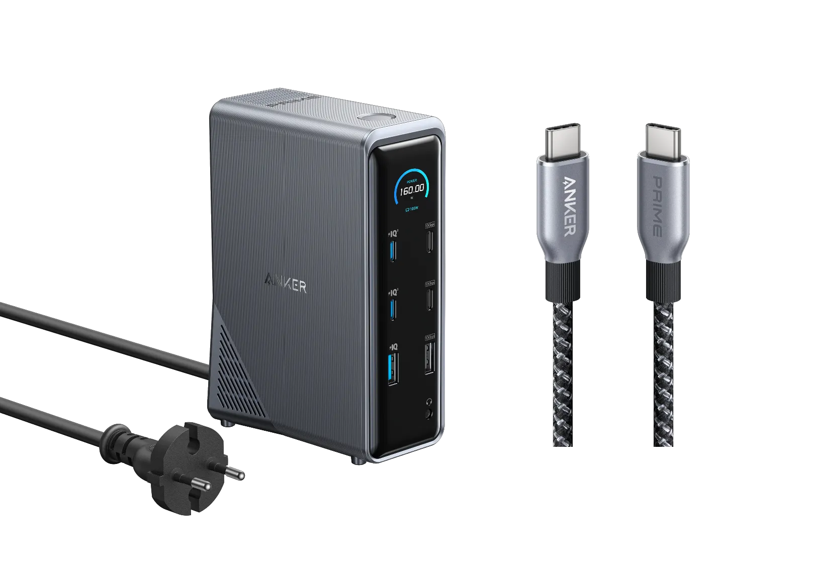 Anker Prime Charging Station (14-in-1, Dual Display, 160W) + Anker Prime USB-C to USB-C Cable (0.9m, 240W, Upcycled Braided Design)