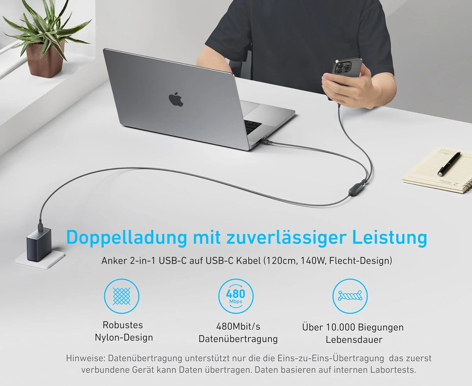 Anker 715 Ladegerät (Nano II 65W) + Anker 2-in-1 USB-C auf USB-C Kabel (120cm, 140W, Flecht-Design)