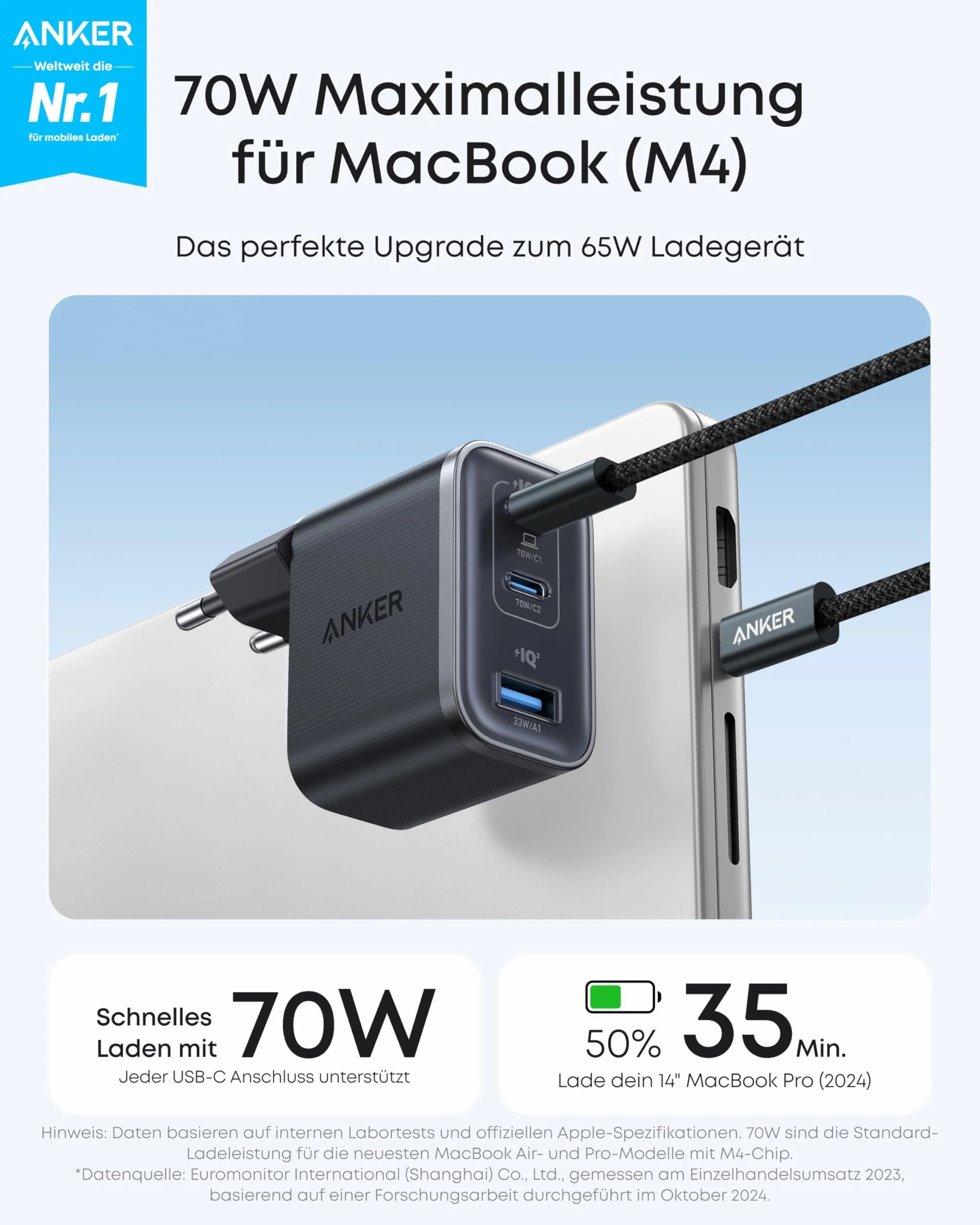 Anker Prime 160W GaNPrime 3-Port Charger + Anker Nano 70W 3-Port Charger + Anker Prime 240W USB-C to USB-C Cable (1.8m, Upcycled Braided)