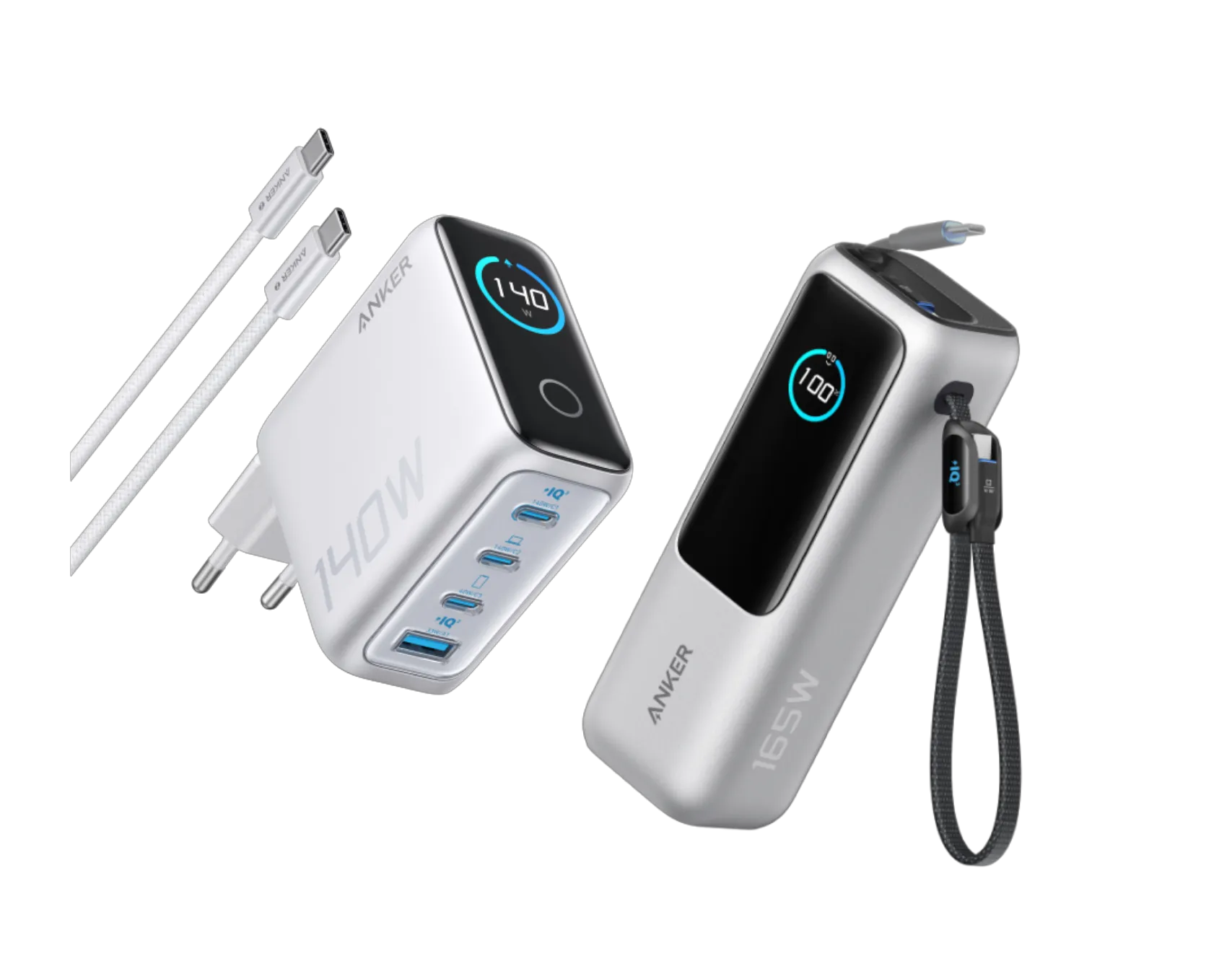 Anker Powerbank (25K, 165W, Built-in + Retractable Cable) + Anker Charger (140W, 4-Port, PD 3.1) with USB-C Cable
