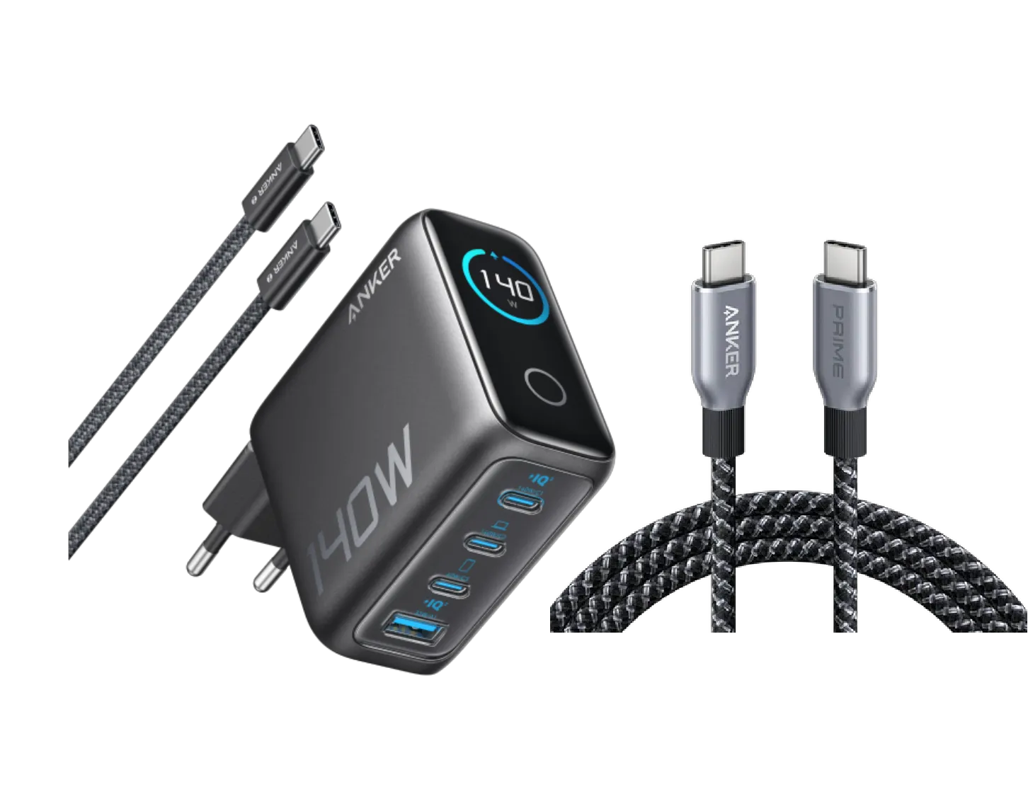 Anker 140W 4-Port PD 3.1 Charger with USB-C Cable + Anker Prime USB-C to USB-C Cable (240W, Upcycled Braided, 1.8m)