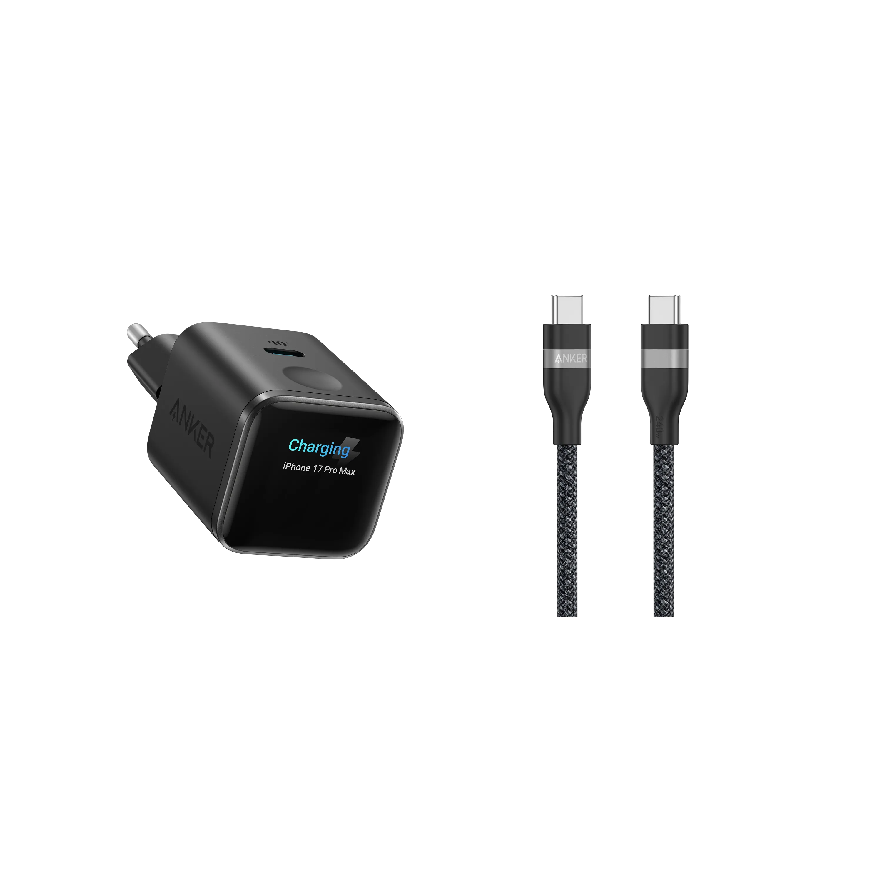 Anker Nano Charger (45W, Smart Display) + Anker USB-C to USB-C Cable (90cm/180cm, 240W, Upcycled Braided)