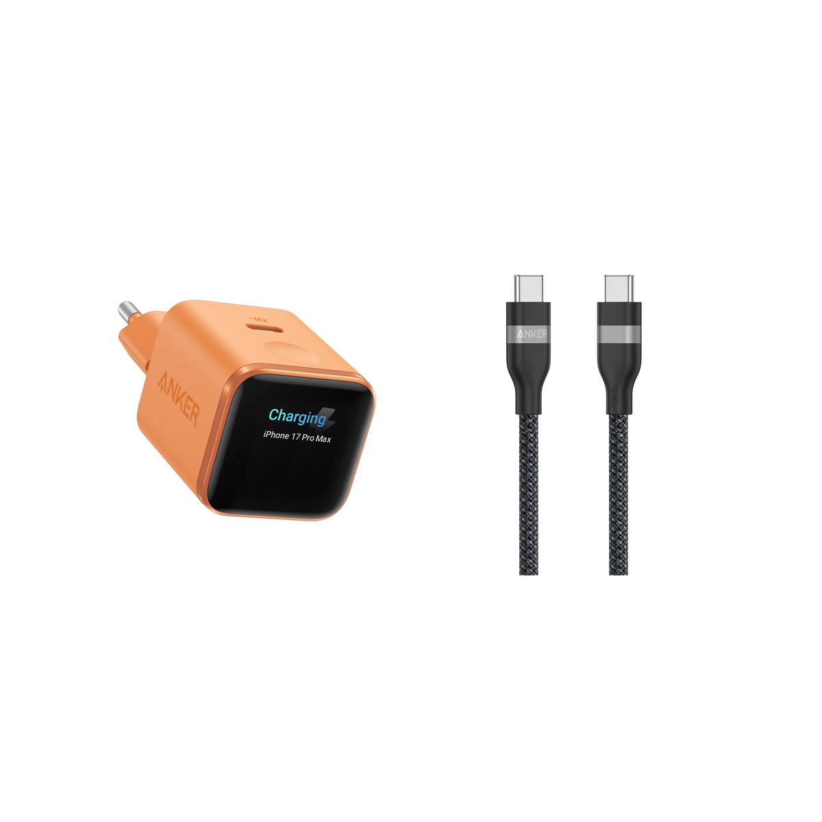 Anker Nano Charger (45W, Smart Display) + Anker USB-C to USB-C Cable (90cm/180cm, 240W, Upcycled Braided)