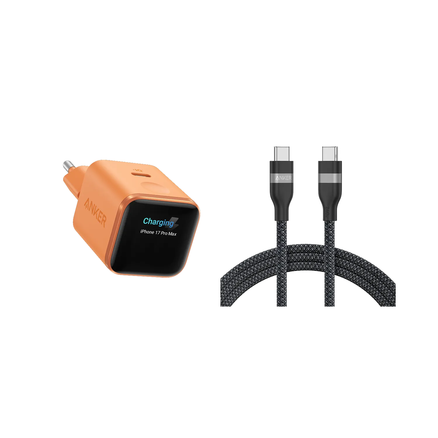 Anker Nano Charger (45W, Smart Display) + Anker USB-C to USB-C Cable (90cm/180cm, 240W, Upcycled Braided)