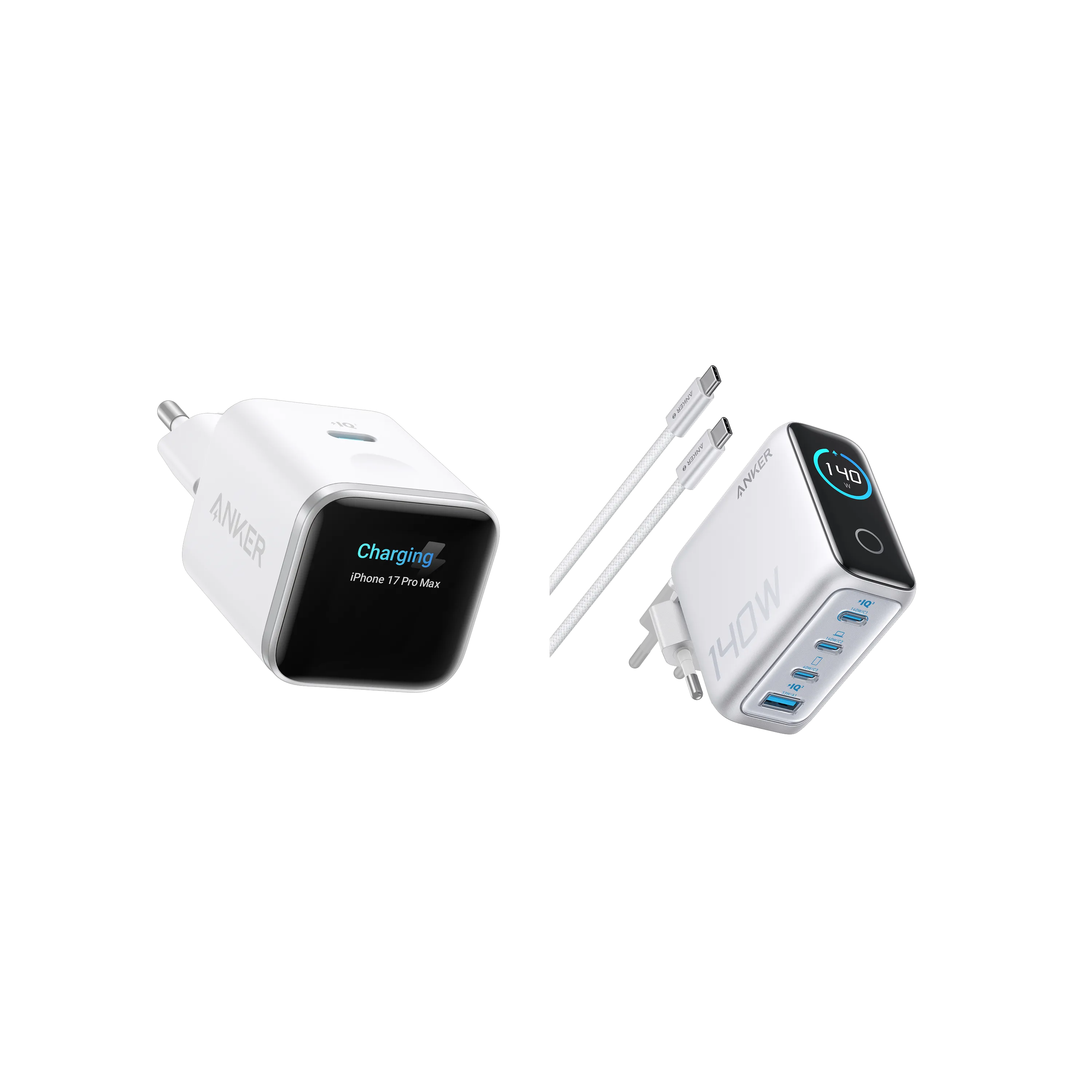 Anker Nano Charger (45W, Smart Display) + Anker Charger (140W, 4-Port, PD 3.1) with USB-C Cable