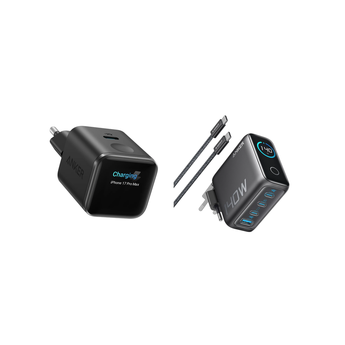 Anker Nano Charger (45W, Smart Display) + Anker Charger (140W, 4-Port, PD 3.1) with USB-C Cable