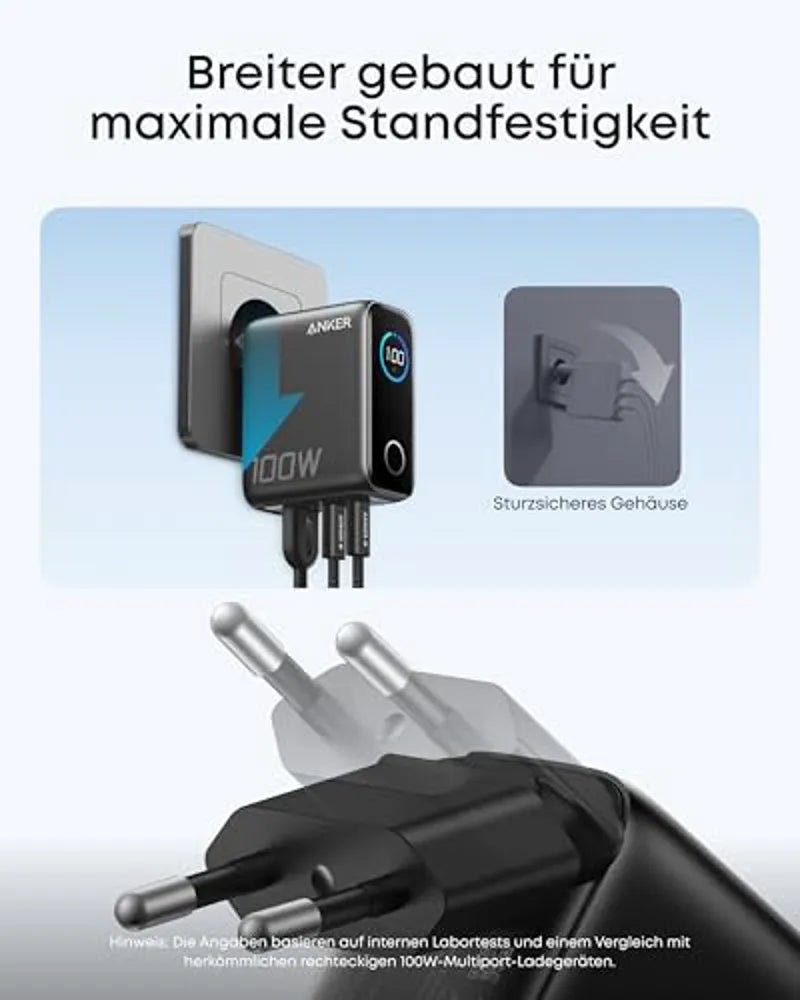 Anker Charger (100W, 3 Ports, Smart Display) with USB-C Cable