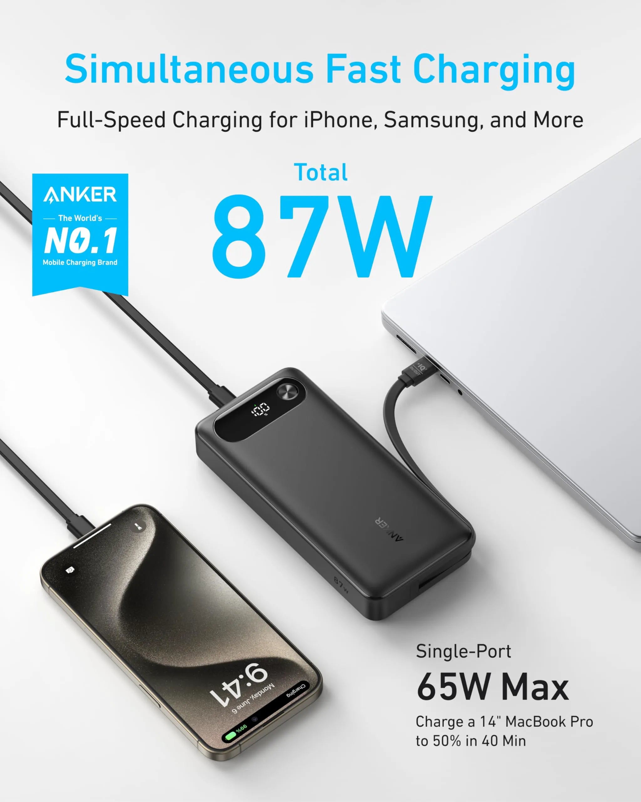 Anker Powerbank (20K, 87W, Built-in USB-C Cable) + Anker 2-in-1 USB-C to USB-C Cable (120cm, 140W, Braided Design)