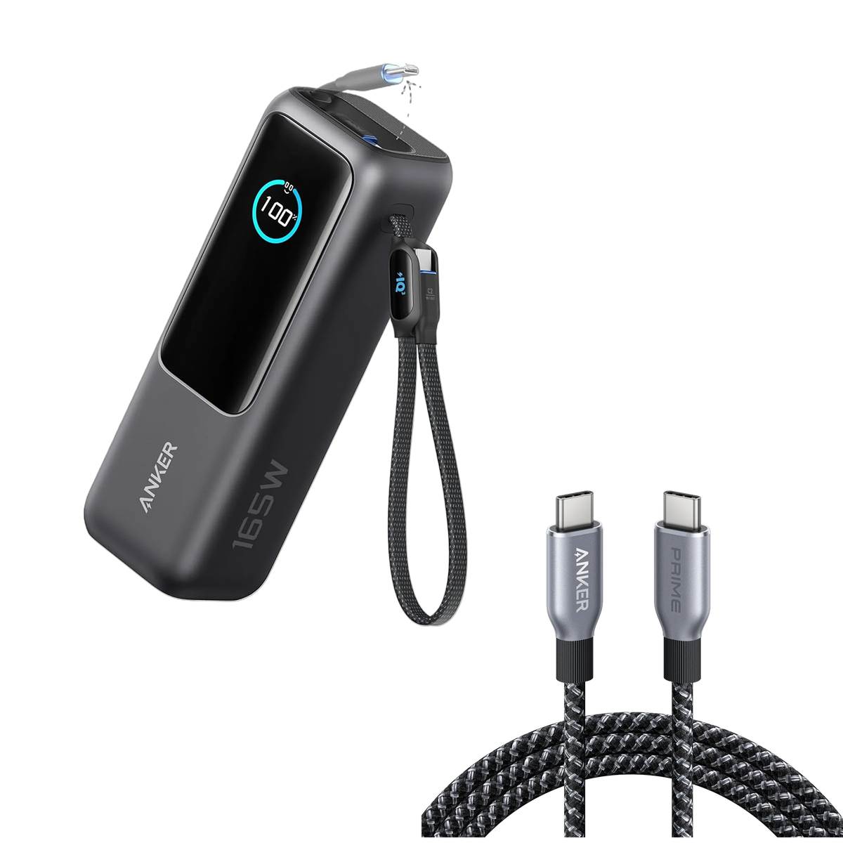 Anker PowerBank for Laptop (25,000 mAh, 165W, Built-in Retractable Cables) + Anker USB-C to USB-C Cable (240W, Recycled Braided)