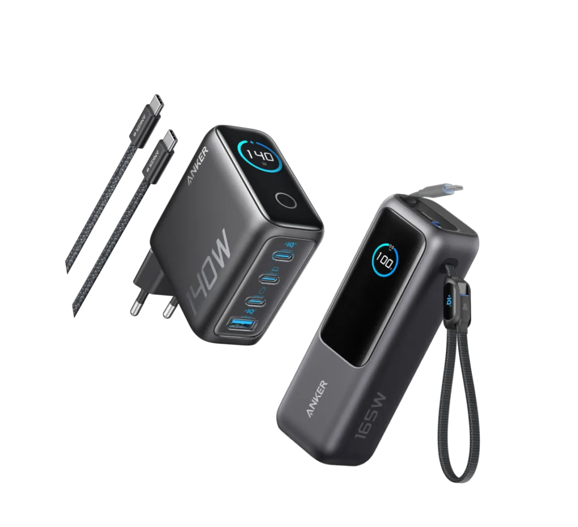 Anker Powerbank (25K, 165W, Built-in + Retractable Cable) + Anker Charger (140W, 4-Port, PD 3.1) with USB-C Cable