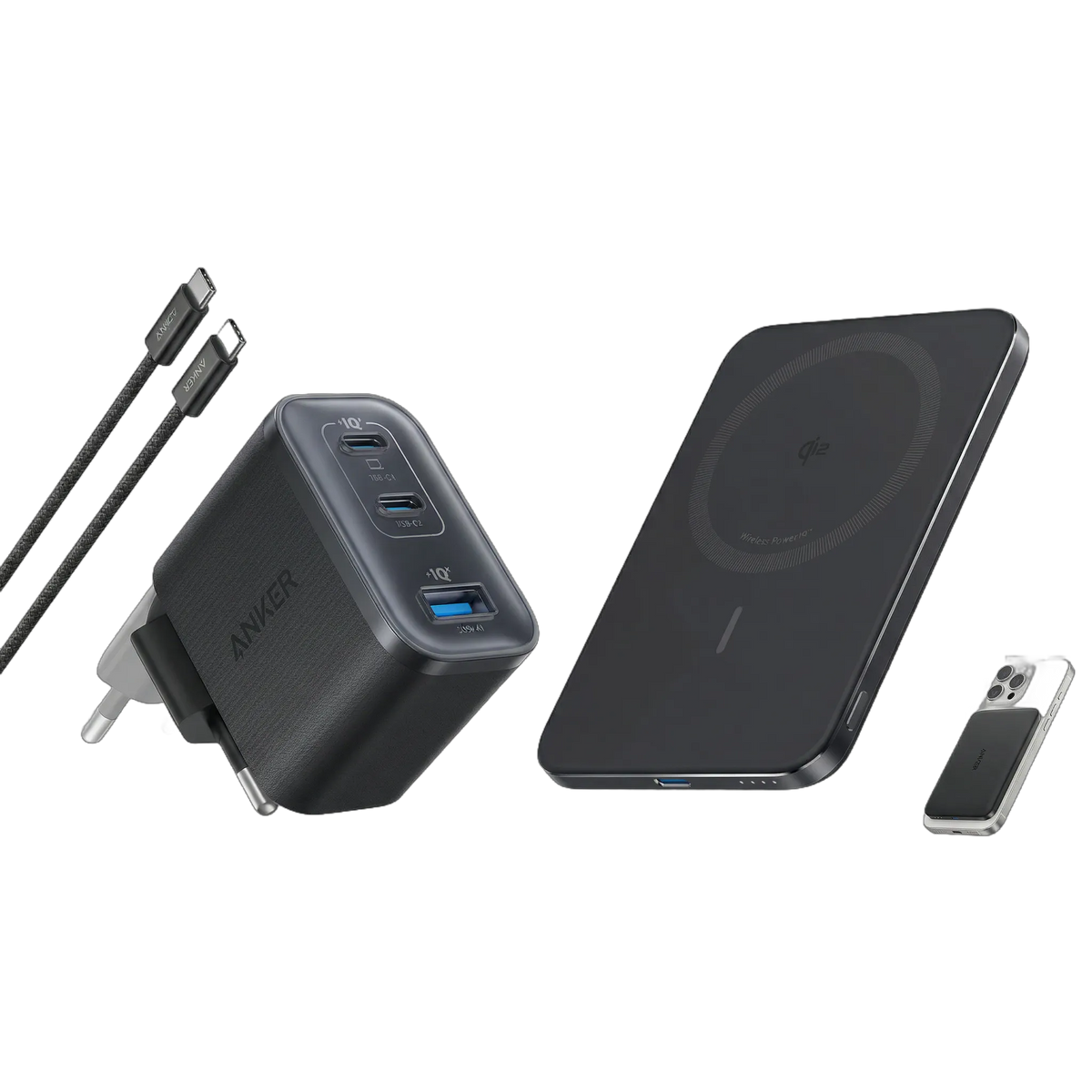 Anker Nano Charger (70W, 3 Ports) + Anker Nano Power Bank (5K, Magnetic, Slim)